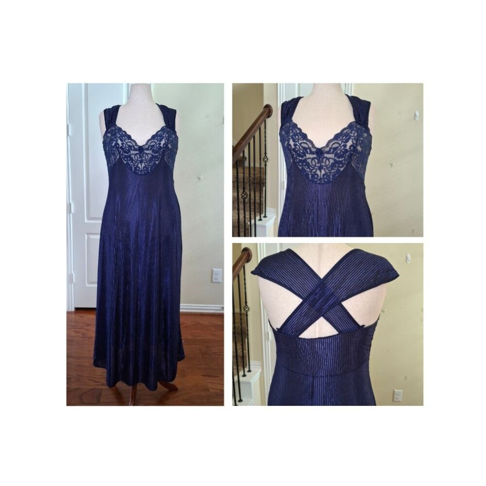 Vintage Slip Dress Lingerie Lace Satin Blue XL Cross Back Coquette Dark Romantic